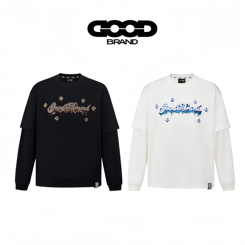 Authentic Goodbrand 2025Fw Melting Ice Cream Floral Sequin Embroidery Fake Two-Piece Long Sleeve Unisex