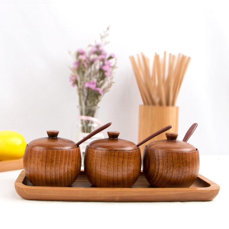 Japanese-style seasoning jar creative seasoning bottle spice box wooden retro solid wood salt shaker with lid seasoning jar kitchen supplies