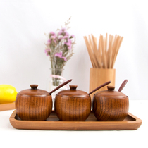 Japanese seasoning jar creative seasoning bottle spice box wood vintage solid wood salt jar with lid condiment Jar Kitchen Supplies