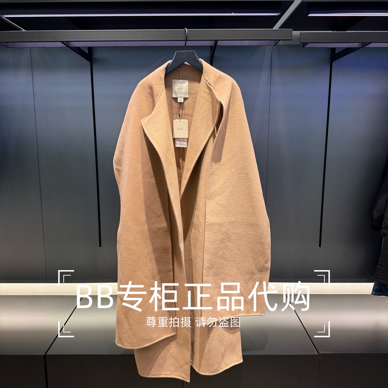 Calvinklein25 Autumn and Winter Women's Wool Blend Scarf Collar Mid-Length Woolen Coat 44D534G