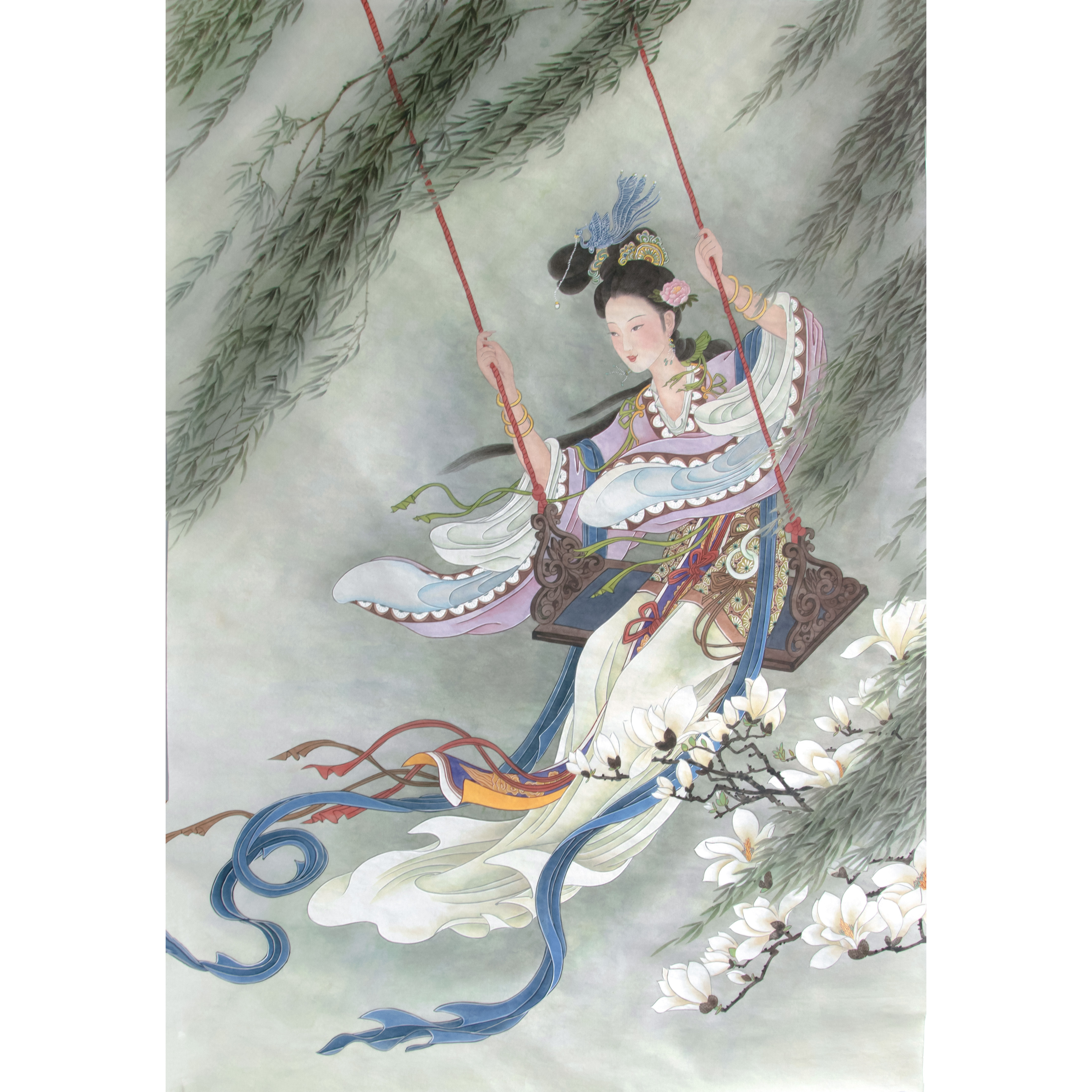 中国古美術・仕女図三尺画芯・唐寅印款・水墨彩色画・純手描き・書道品・宣紙・带水印 中国古美術・仕女図三尺画芯・唐寅印款・水墨彩色画・純手描き