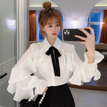 Exquisite and foreign sweet shirt bow Super fairy trumpet sleeve ruffled chiffon shirt female autumn long sleeve shirt