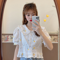 2021 summer girl sense Korean doll collar wooden ear embroidery waist top short sleeve shirt short shirt Women