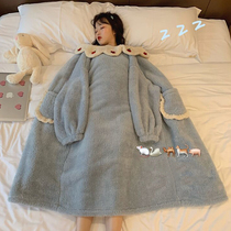  Cute cardigan pajamas womens autumn and winter 2021 new winter long section can be worn outside home clothes jacket nightgown sweet