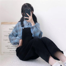 Cute hipster girl suit women spring dress 2021 new plaid shirt age reduction strap casual pants two-piece set