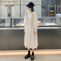 Round neck loose long waist slim skirt Joker Korean bubble sleeve solid color long sleeve dress Womens Spring