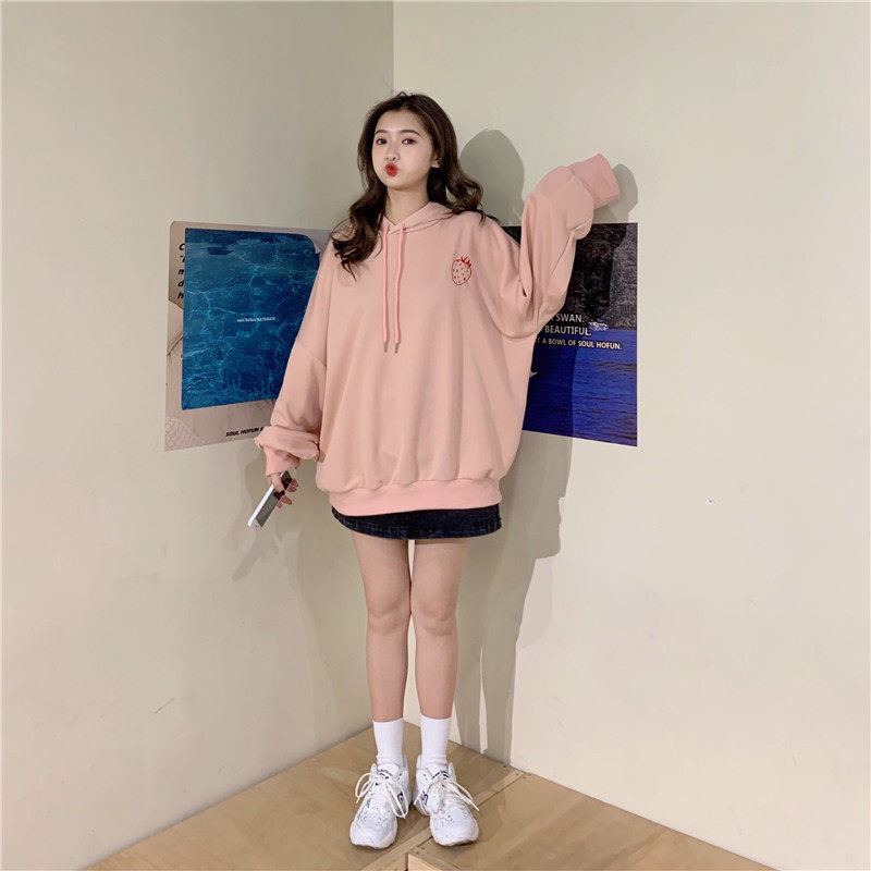 Pink cute hooded 2021 autumn sweater women's spring and autumn thin section Korean version loose in the long version of the student top tide