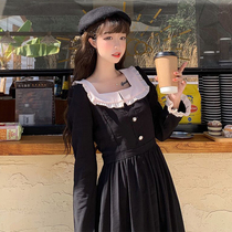  2021 new skirt French terrier orange skirt student square collar mid-length lace high waist thin dress female autumn