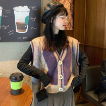 Focus on the literary girl loose geometric pattern knitted vest womens spring 2021 New Korean version of the shirt