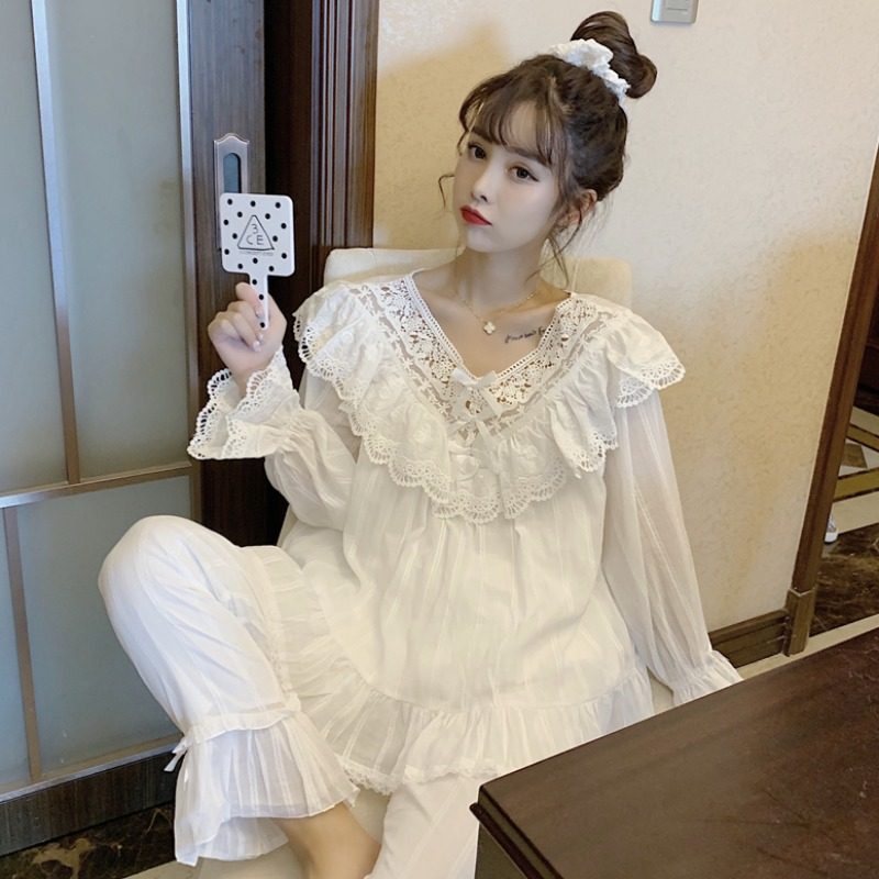 Palace Wind Princess Sleeping Women in Spring and Autumn 2021 New lace lace long sleeve suit Home Sleeping Skirts