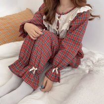 2021 New Korean version of retro plaid long sleeve pajamas women loose casual spring and autumn can wear home clothes set