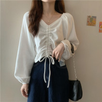 Spring Autumn 2022 New Downswing Draw Rope Short blouses design Sensation Lady Little Crowdv Collar Drain Collarbone White Shirt