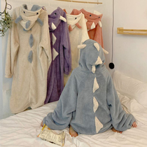  Net red cute long ears hooded pajamas female autumn and winter students winter home clothes nightgown one-piece can be worn outside cute
