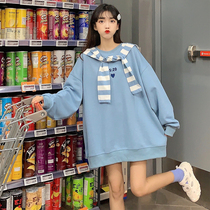 Sweet Sa Girl Korean Shawl Round Neck Striped Loose Embroidery Pattern Women Spring and Autumn Art hipster Top