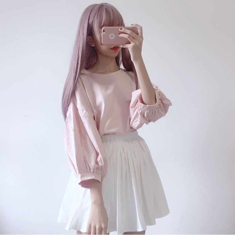 Student loose Korean version Long sleeves T-shirt Women's spring autumn 2022 New early spring blouses clothes Bubbly Sleeves Spring clothing