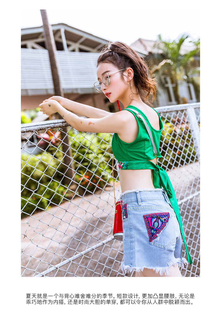 Sulu cơn ác mộng thời trang nguyên bản phong cách dân tộc áo sơ mi nữ mùa hè mới thêu ngắn đoạn rốn yếm - Áo ba lỗ thời trang công sở nữ