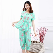 Mei Gaoer lụa đồ ngủ phù hợp với nữ mùa hè trung niên in ngắn tay nhân tạo cotton silk đồ ngủ mặc dịch vụ nhà