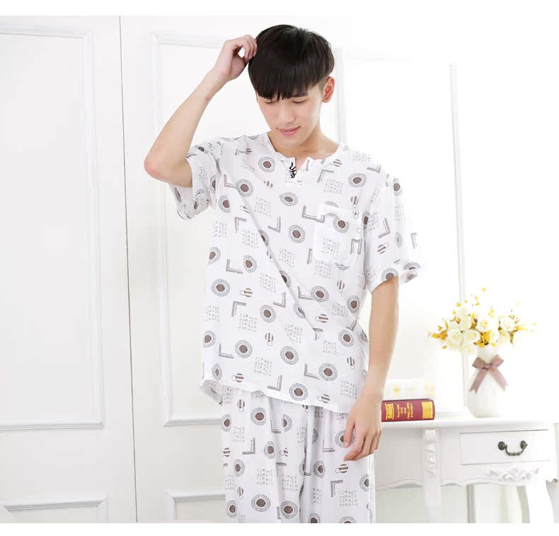 Megall cotton lụa đồ ngủ nam ngắn tay quần cotton đồ ngủ phù hợp với nam giới mùa hè phần mỏng cotton nhân tạo dịch vụ nhà