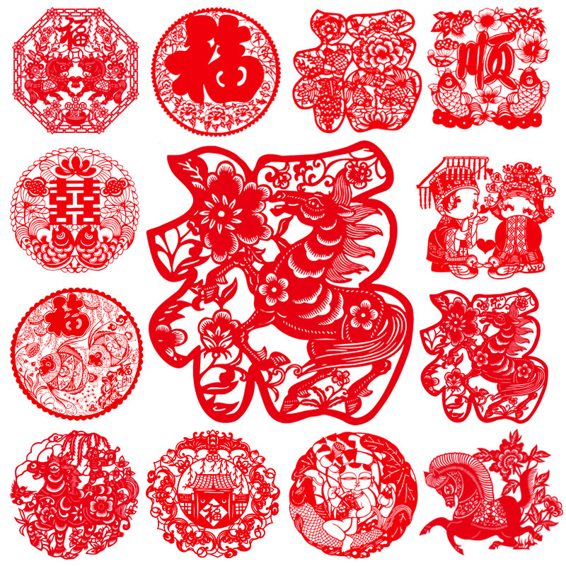 2026年午年の切り絵窓飾り、中国の特産品、海外旅行のお土産、リビングルームの装飾、渭県産の新年「福」文字ステッカー。