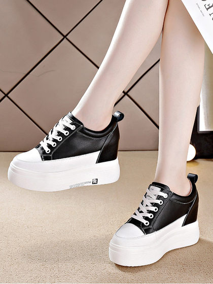 10cm小个子内增高女鞋百搭真皮小白鞋网红坡跟高跟单鞋厚底松糕鞋