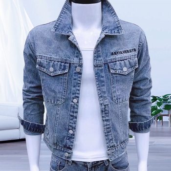 2025 men's denim jacket new style fashion versatile embroidered jacket lapel light blue slim fit korean style denim jacket