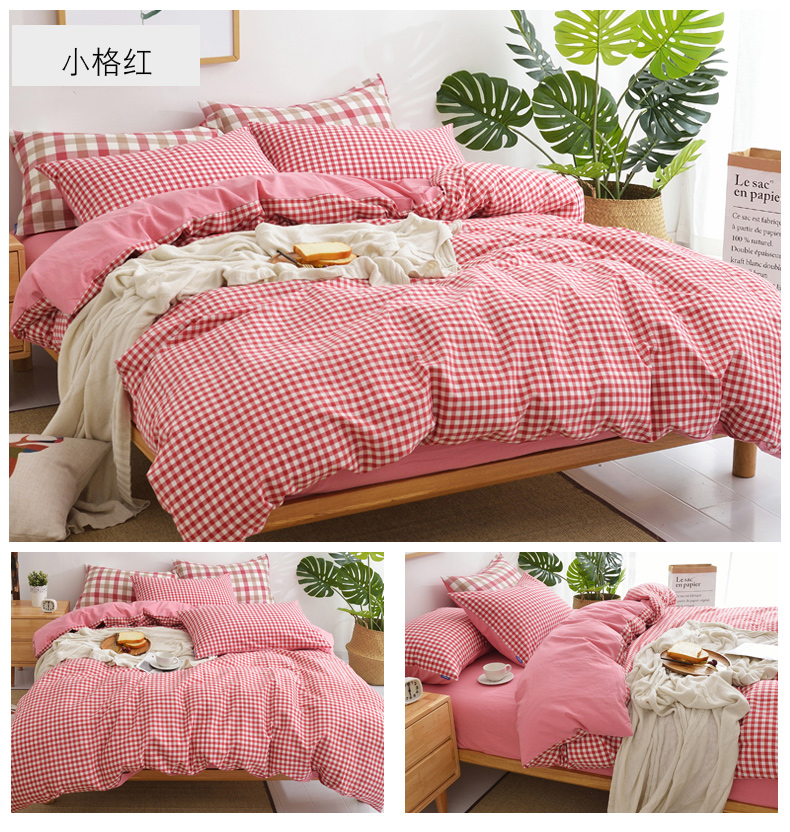 Cotton-nhuộm rửa bông bốn mảnh khăn trải giường hai mặt bông quilt cover Bắc Âu sọc kẻ sọc trần ngủ bộ đồ giường