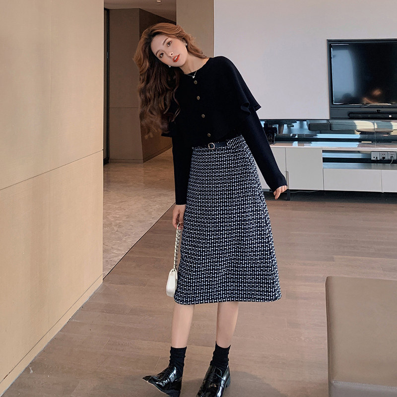 Blue Language Great Size Women Dress Fat Sister Mm Spring Dress New Temperament Sweaters Half Body Dress Loose and Slim Fit Two Pieces