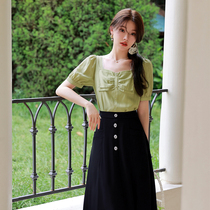 Blue Language Big Code Woman Dress Fat Mm Butterfly Knot Square Collar Top 2022 Summer Temperament High Waist Half Body Skirt Two-piece Set