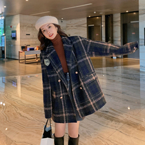 Lan language fat sister mm plaid loose suit collar woolen jacket large size womens winter wear new thin twine coat