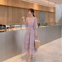 Blue Language Big Code Woman Dress Fat Sister Mm Temperament V Lead Lace Breaking Flowers Fairy Dress 2022 Summer New Dress Dress