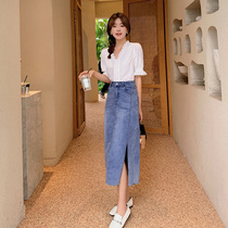 Blue language Big code Female dress micro-fat mm French style V collar gentle wind blouse 2022 Summer 100 Touch Temperament Short Sleeve