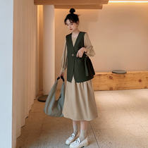 Blue Language Big Code Womens Dress Fat Sister Mm Law Style Loose Horse Chia Dress Two Sets Spring New Cover Belted Suit