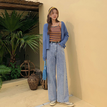 Blue language large size womens fat sister mm fashion casual knitted shirt jeans early autumn new thin three-piece set
