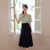 Blue Language Big Code Women Dress Fat Mm Temperament Brief Shirt A half body dress Slim Summer Commute Fashion Two Sets