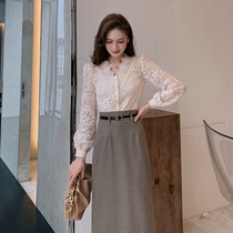 Blue Language Big Code Woman Dress Fat Sister Mm Temperament Blouse Plaid Half Body Dress 2022 Spring New Shade Suit