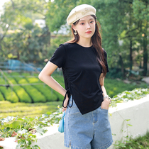 Blue Language Big Code Woman Dress Fat Mm 100 Hitch Irregular Black Short Sleeve T-shirt 2022 Summer Dont To Short Draw Rope Blouse