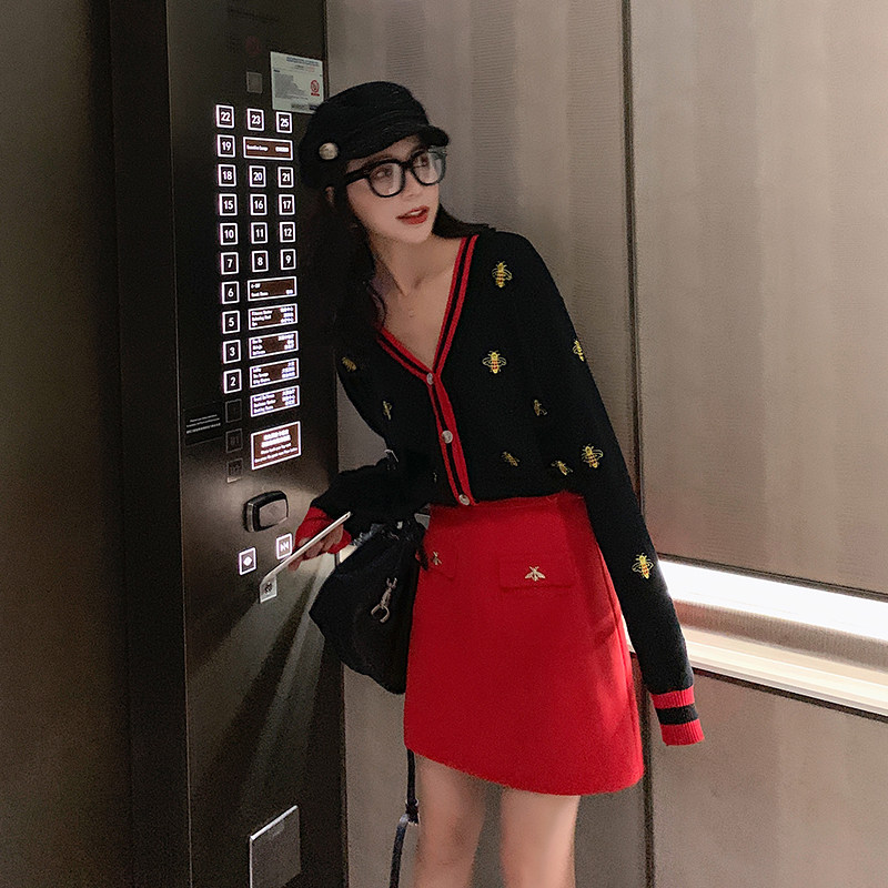 Blue Language Great Size Women Dress Fat Sister Mm Foreign Pie Knit Embroidered Blouse Half Body Dress Hide Meat slim fit two sets