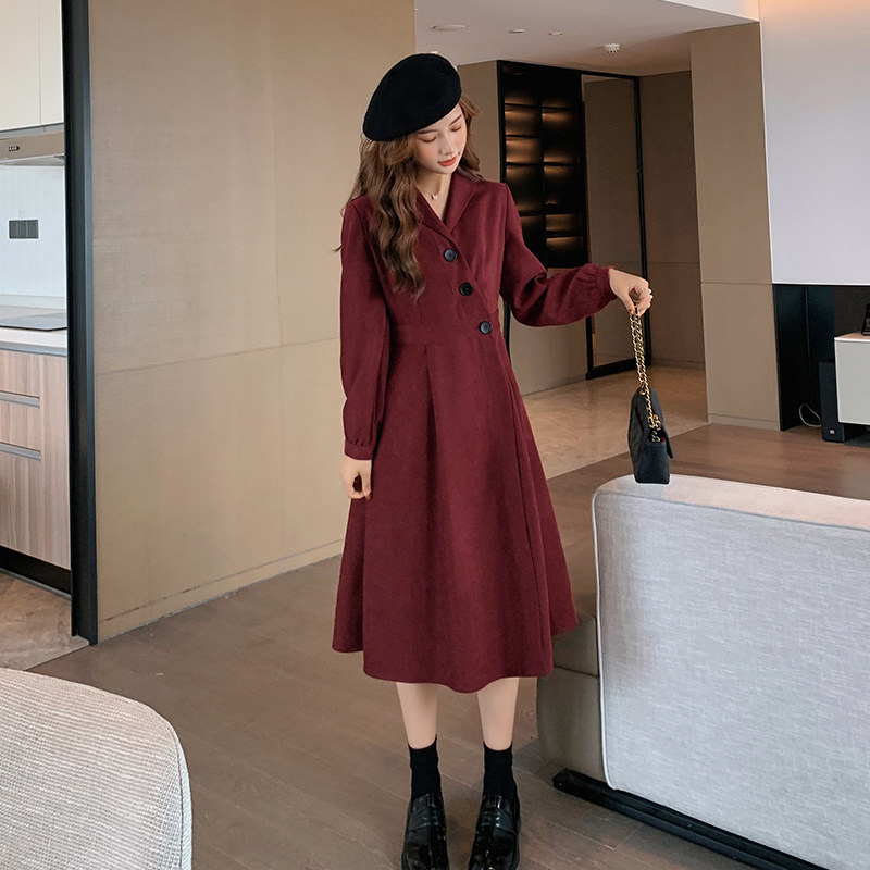 Blue language large size women's fat sister mm retro temperament single-breasted dress autumn and winter New waist slim skirt