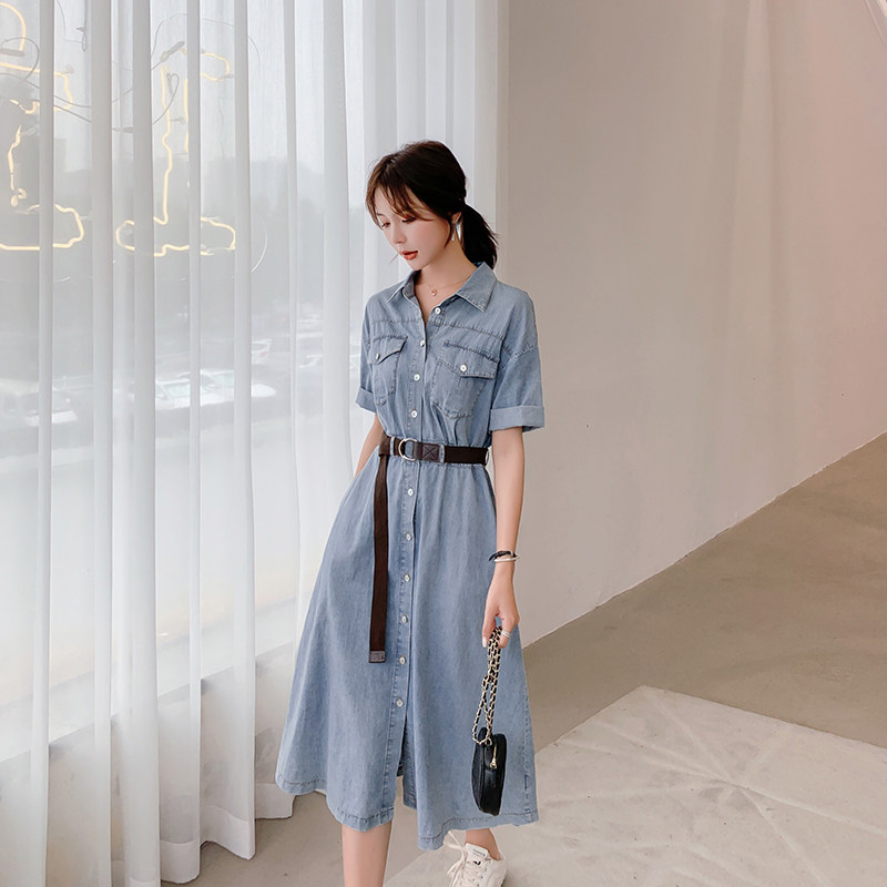 Blue Language Great Size Women's Dress Fat Sister Mm Temperament Overalls Shirt Denim Dress 2022 Summer New Cashew Dress