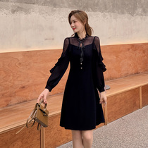 Blue Language Big Code Woman Dress Fat Sister Mm Lace Hollowed-out Lotus Leaf Side Small Black Dress 2022 Spring New Aword Dress Dress