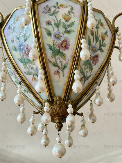 French-Style Vintage All-Copper Enamel Printed Glass Pearl Chandelier for Bedroom and Dining Room, American Country-Style Decorative Lighting