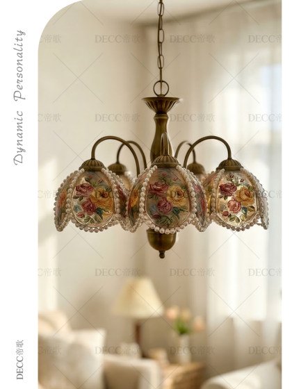 Dige French-Style Retro Painted Rose Pearl Chandelier Bedroom Dining Room Chandelier Creative Floral Designer Lighting Fixtures