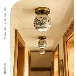 Retro Blue and White Porcelain Creative Single-Head Ceiling Lamp, Vintage Style Corridor, Hallway, Entrance, Balcony Personalized Decorative Lighting