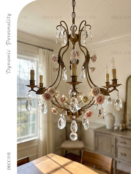 Creative Ceramic Rose Crystal Chandelier for Living Room, Bedroom, Dining Room, Vintage-Style Personalized Dressing Room Decorative Lighting