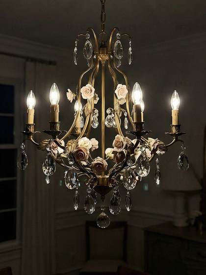 Creative Ceramic Rose Crystal Chandelier for Living Room, Bedroom, Dining Room, Vintage-Style Personalized Dressing Room Decorative Lighting