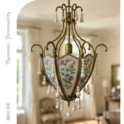 French-Style Vintage All-Copper Enamel Printed Glass Pearl Chandelier for Bedroom and Dining Room, American Country-Style Decorative Lighting