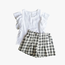 Yu Embroidery Workshop Original Girl Cotton Silk Suit Artificial Cotton Dew Shoulder Lotus Leaf Sleeve Blouse Shorts Skirt Pants Cotton 2 pieces