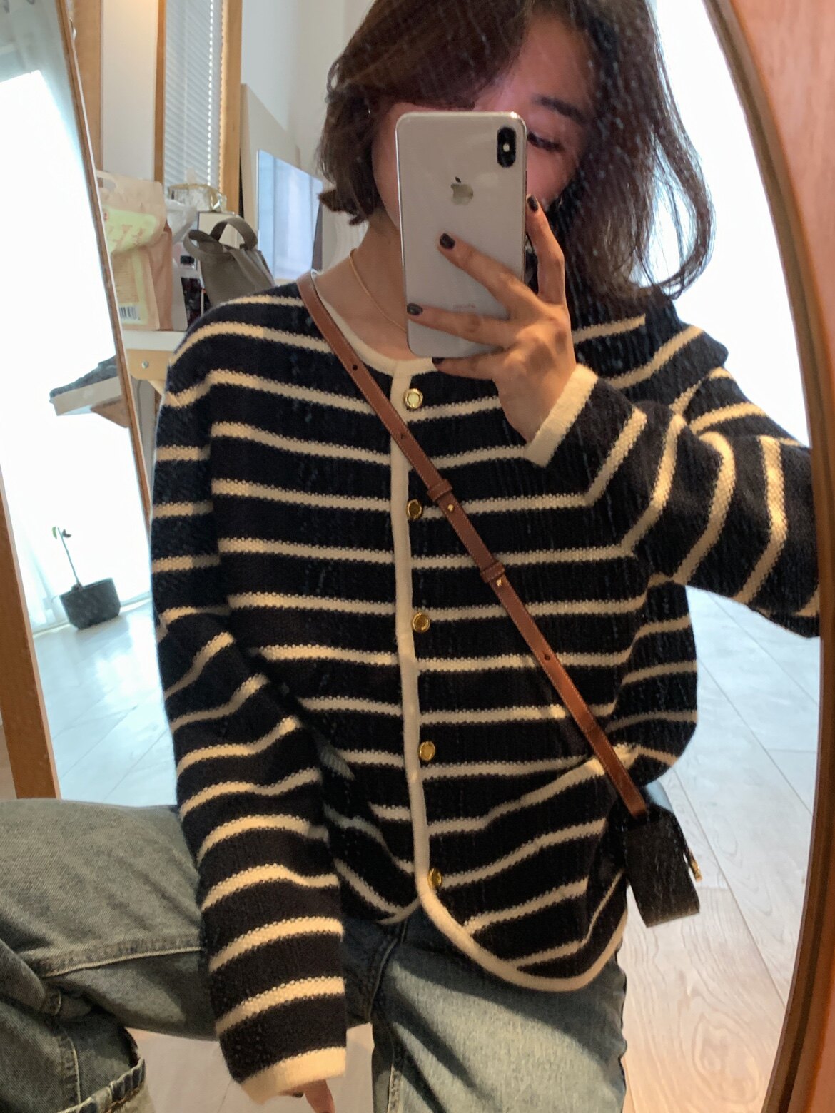 Zhou Muki apit22 Early spring new retro gold button Lean Commuting Striped Casual Knit Cardiovert Sweater Jacket