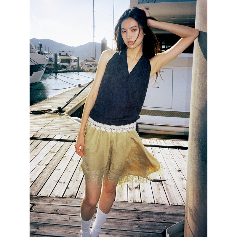 Sobu Tencel Linen Jacquard Overlapping V-Neck Draped Patchwork Heavy-Duty Webbing Halter Top