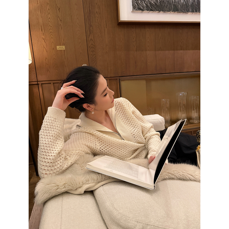 Din Yoxime/Bc Style Old Money Style Relaxed Hollow-Out Design Loose Pullover Zipper Knit Sweater for Women